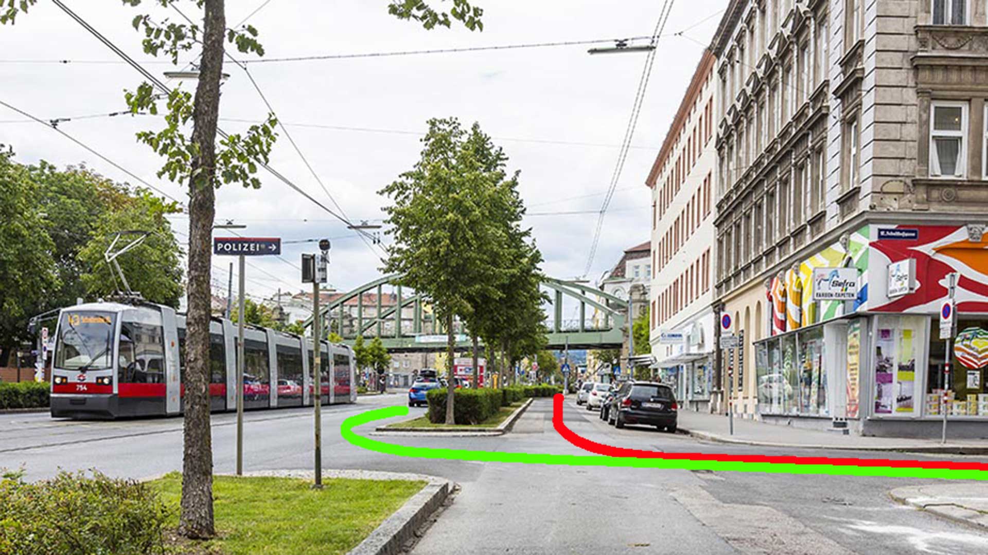 Haupt und Nebenfahrbahn mit richtiger und falscher Fahrlinie für die Prüfungsfahrt