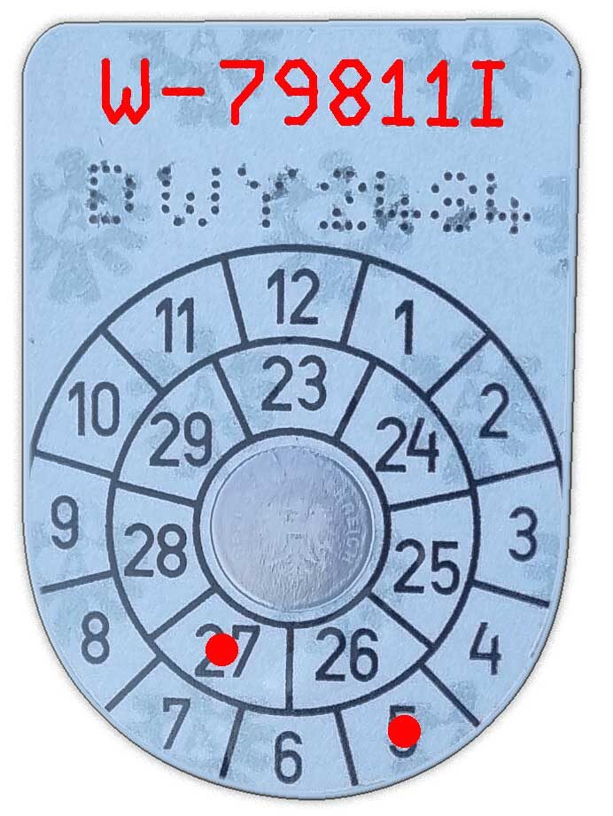 §57a-Plakette mit Kennzeichen und nächstem Begutachtungstermin